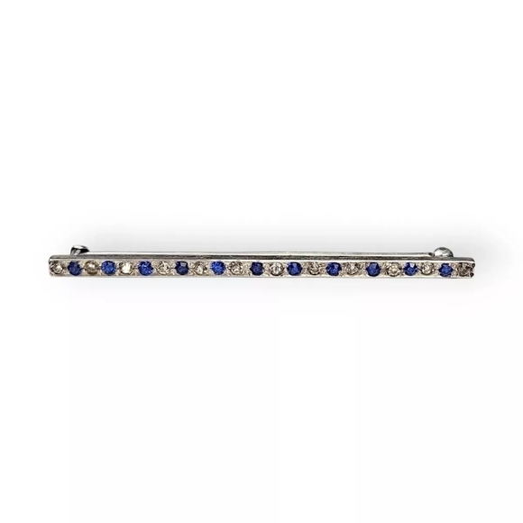 Antique Sterling Bar Brooch Blue White Paste Gems Edwardian 925 Silver 1900s